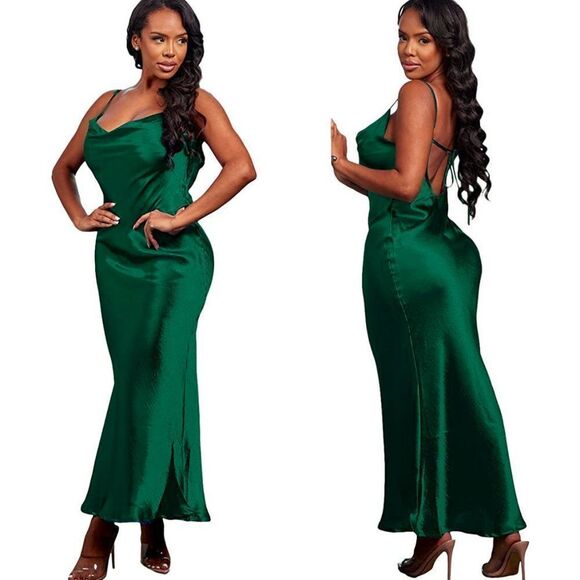 Satin Spaghetti Strap Cowl Neck Backless Tie Rope Mermaid Green Black Dress XXL - Picture 3 of 8